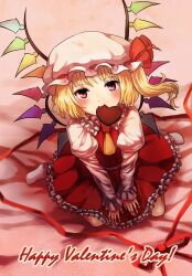 Rule 34 | 1girl, asada ryou, ascot, blonde hair, bow, candy, chocolate, chocolate heart, crystal wings, dress, flandre scarlet, food, frilled dress, frills, from above, full body, hat, hat bow, heart, looking at viewer, on bed, red eyes, side ponytail, socks, solo, touhou, valentine, white mob cap, yellow ascot