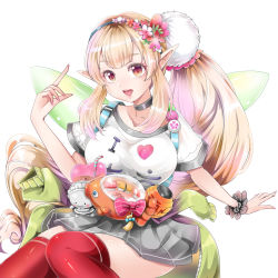 Rule 34 | 1041 (toshikazu), 1girl, backpack, bag, black choker, breasts, cardigan, cardigan around waist, choker, clothes around waist, clothes writing, commentary, doll, elf, elu (1st costume) (nijisanji), elu (nijisanji), fairy wings, flower, food, grey skirt, hair flower, hair ornament, hairband, highres, index finger raised, knees together feet apart, large breasts, legs together, long hair, looking at viewer, microskirt, nijisanji, open mouth, orange eyes, pointy ears, ponytail, red thighhighs, scrunchie, shirt, short sleeves, sidelocks, simple background, sitting, skirt, solo, sushi, t-shirt, teeth, thighhighs, upper teeth only, very long hair, virtual youtuber, white background, wings, wrist scrunchie