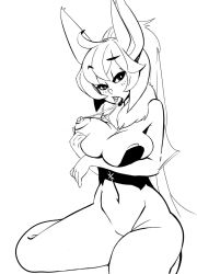 Rule 34 | 1girl, ahoge, animal ears, bat ears, blush, bottomless, breast hold, breasts, breasts out, corset, eyelashes, fur collar, greyscale, half-closed eyes, huge breasts, lineart, lipstick, long hair, makeup, monochrome, monster girl, navel, nipples, open mouth, original, ponytail, saliva, saliva trail, sho-n-d, sitting, solo, tongue, tongue out, very long hair, yokozuwari