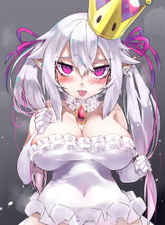 Rule 34 | 1girl, alternate hairstyle, bad id, bad pixiv id, bare shoulders, blush, breasts, brooch, cleavage, collar, covered navel, crown, dress, elbow gloves, fangs, fangs out, frilled collar, frilled dress, frilled gloves, frills, gloves, hair between eyes, hair ribbon, highres, jewelry, large breasts, long hair, looking at viewer, luigi&#039;s mansion, mario (series), new super mario bros. u deluxe, nintendo, panties, pointy ears, princess king boo, purple ribbon, ribbon, short dress, simple background, solo, strapless, strapless dress, super crown, tilted headwear, tongue, tongue out, torriet, twintails, underwear, upper body, white dress, white gloves, white panties