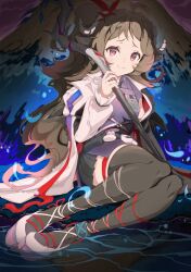 Rule 34 | 1girl, abstract background, arknights, black skirt, black thighhighs, blue background, brown hair, coat, collared shirt, commentary, eyjafjalla (arknights), eyjafjalla the hvit aska (arknights), full body, highres, holding, holding staff, horns, id card, lab coat, long hair, looking at viewer, pink eyes, pink footwear, pleated skirt, purple shirt, sheep girl, sheep horns, shimizu kazunari, shirt, side ponytail, sitting, skirt, smile, solo, staff, thighhighs, wariza, white coat