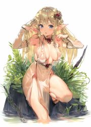 Rule 34 | 1girl, :o, armpits, arms up, bare legs, bare shoulders, blonde hair, blue eyes, blush, breasts, cleavage, detached collar, detached sleeves, dress, elf, grass, hands in hair, heart, heart hands, large breasts, leg up, long hair, long sleeves, looking at viewer, looking back, open mouth, original, parsley-f, pelvic curtain, plant, pointy ears, sandals, sidelocks, simple background, solo, standing, standing on one leg, water, water drop, wet, wet clothes, wet dress, white background, white dress