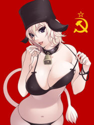 Rule 34 | 1girl, animal ears, bad id, bad pixiv id, bell, bikini, bikini pull, black bikini, blonde hair, breasts, cleavage, clothes pull, collar, cow ears, cow girl, cow tail, cowbell, hammer and sickle, hat, large breasts, lipstick, lowres, makeup, navel, neck bell, original, purple eyes, red background, short hair, solo, soviet, swimsuit, tail, torigoe takumi
