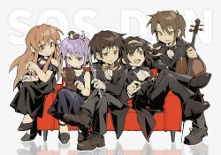 Rule 34 | 2boys, 3girls, animal, animal on head, artist name, asahina mikuru, bird, bird on head, black bow, black bowtie, black dress, black footwear, black jacket, black pants, bow, bowtie, cello, conductor baton, couch, dress, flute, formal, group picture, hair ribbon, high heels, highres, holding, holding baton, holding flute, holding instrument, holding violin, instrument, jacket, koizumi itsuki, kyon, legs up, long hair, looking at another, multiple boys, multiple girls, nagato yuki, on couch, on head, open mouth, pants, purple dress, purple hair, red hair, ribbon, short hair, sitting, smile, sparkle, sparrow, standing, suit, suzumiya haruhi, suzumiya haruhi no yuuutsu, tatsuki kurisu, triangle (instrument), violin, yellow ribbon