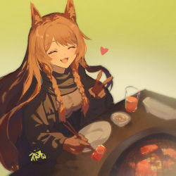 Rule 34 | 1girl, :d, ^ ^, animal ear fluff, animal ears, arknights, black jacket, black scarf, blush, braid, brown background, brown gloves, brown hair, ceobe (arknights), chopsticks, closed eyes, commentary request, cup, drink, drinking glass, facing viewer, food, gloves, gogatsu fukuin, gradient background, hand up, heart, holding, holding chopsticks, jacket, long hair, long sleeves, meat, open clothes, open jacket, open mouth, puffy long sleeves, puffy sleeves, scarf, signature, smile, solo, twin braids, upper body, v, very long hair, yakiniku