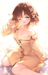 Rule 34 | 1girl, ;d, barefoot, blue eyes, blush, breasts, brown hair, cleavage, collarbone, collared shirt, commentary request, dress shirt, flower, hair flower, hair ornament, half-closed eye, hand up, highres, kito (sorahate), long sleeves, looking at viewer, medium breasts, off shoulder, one eye closed, open mouth, original, pajamas, pink flower, shirt, sitting, sleeves past wrists, smile, solo, thick eyebrows, wariza, white background, yellow pajamas, yellow shirt