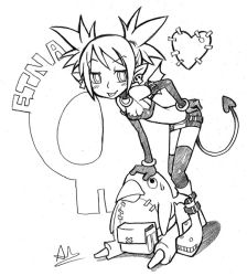 Rule 34 | 00s, 1girl, :p, bag, belt, belt pouch, bent over, blush, character name, demon girl, demon tail, demon wings, disgaea, etna (disgaea), greyscale, hand on own hip, heart, heart tail, lineart, looking at viewer, makai senki disgaea, miniskirt, monochrome, pocket, pouch, prinny, simple background, skirt, solo, spiked hair, sweatdrop, tail, tongue, tongue out, white background, wings