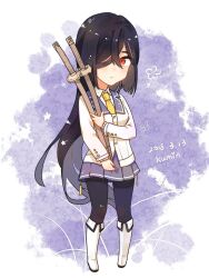 1girl artist_name black_hair black_pantyhose blush boots chibi closed_mouth collared_shirt commentary_request dated full_body hair_over_one_eye highres holding holding_sword holding_weapon jacket katana knee_boots kumin_(6939359) long_hair long_sleeves looking_at_viewer necktie one_eye_covered origami_yukari pantyhose pleated_skirt purple_sailor_collar purple_skirt red_eyes renpu_girls_school_uniform sailor_collar school_uniform shirt skirt solo standing sword toji_no_miko very_long_hair weapon white_footwear white_shirt winter_uniform yellow_necktie