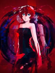 Rule 34 | 1girl, black dress, blood, blood on hands, blue eyes, breasts, commentary request, dress, empty eyes, gundam, gundam suisei no majo, hair down, highres, long hair, looking at viewer, medium breasts, multiple views, rae ariadne, red background, red hair, serious, solo, strapless, strapless dress, suletta mercury, upper body, wavy hair
