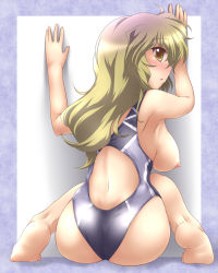 Rule 34 | 1girl, against wall, ass, barefoot, breasts, competition swimsuit, feet, female focus, full body, gradient background, gradient hair, highres, hijiri byakuren, long hair, looking back, multicolored hair, nipples, one-piece swimsuit, sideboob, solo, swimsuit, touhou, white background, yellow eyes, yoshi tama