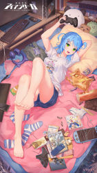 Rule 34 | 1girl, :d, animal ear headphones, animal ears, arm behind head, arms up, artist name, atdan, bag of chips, barefoot, bed, bedroom, black panties, blue hair, blue shorts, bow, bow panties, breasts, candy, cat ear headphones, cat ears, collarbone, commentary request, computer, controller, copyright name, desk, fake animal ears, feet, food, food in mouth, game controller, green eyes, hair ornament, hairclip, handheld game console, headphones, highres, holding, indoors, iron saga, computer keyboard, kneehighs, leg up, lollipop, long hair, looking at viewer, lying, medium breasts, monitor, computer mouse, official art, on back, on bed, open mouth, panties, panty peek, pillow, pink panties, pringles, print shirt, sheron (iron saga), shirt, short shorts, short sleeves, shorts, smile, socks, solo, striped clothes, striped panties, striped socks, stuffed animal, stuffed panda, stuffed toy, t-shirt, toenails, toes, two side up, underwear, unworn kneehighs, unworn panties, upshorts, white panties, white shirt