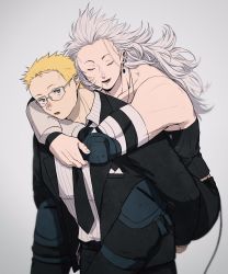 Rule 34 | 1boy, 1girl, black jacket, black neckwear, black pants, black shirt, blonde hair, blue eyes, bracer, carrying, commentary request, dorohedoro, ear piercing, earrings, elbow pads, closed eyes, formal, glasses, grey background, grey hair, highres, jacket, jewelry, long hair, looking at viewer, lower teeth only, muscular, muscular female, necktie, noi (dorohedoro), open mouth, pants, piercing, piggyback, pinstripe pattern, pinstripe shirt, shin (dorohedoro), shirt, short hair, simple background, strapless, strapless shirt, striped, suit, teeth, uei (uei73661268), very short hair, white shirt