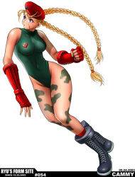 Rule 34 | beret, blonde hair, braid, cammy white, capcom, character name, dated, full body, green eyes, hat, leotard, pinup (style), red hat, ryu (ryu&#039;s form site), shoes, simple background, solo, street fighter, twin braids, white background