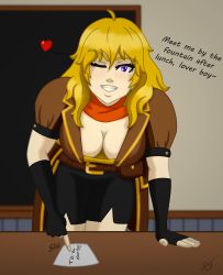 Rule 34 | 1girl, absurdres, artist request, blonde hair, blush, breasts, cleavage, desk, english text, grin, hanging breasts, heart, highres, large breasts, letter, long hair, looking at viewer, love letter, one eye closed, purple eyes, rwby, seductive smile, smile, talking, yang xiao long