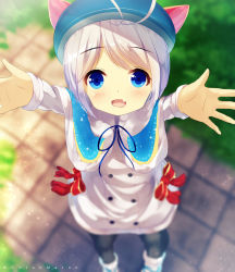 Rule 34 | .live, 1girl, :d, animal hat, antenna hair, bad id, bad pixiv id, black pantyhose, blue capelet, blue hat, blurry, blurry background, blush, boots, bow, capelet, cat hat, chinomaron, coat, commentary request, day, dennou shoujo siro, depth of field, fang, from above, hat, highres, long sleeves, looking at viewer, looking up, open mouth, outdoors, outstretched arms, pantyhose, reaching, reaching towards viewer, red bow, silver hair, smile, solo, standing, standing on one leg, striped, twitter username, vertical stripes, virtual youtuber, white coat, white footwear
