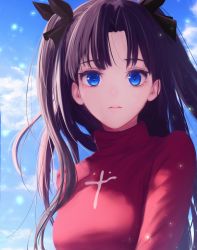 Rule 34 | 1girl, aomaru (shta-chu-jisuiai), black bow, black hair, blue eyes, bow, breasts, cloud, cloudy sky, commentary request, day, fate/stay night, fate (series), hair bow, highres, long hair, long sleeves, looking at viewer, parted bangs, red sweater, sky, solo, sweater, teeth, tohsaka rin, turtleneck, turtleneck sweater, twintails, two side up, upper body, upper teeth only