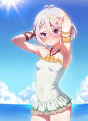 Rule 34 | 1girl, :o, absurdres, antenna hair, armlet, armpits, arms behind head, arms up, blue sky, blush, breasts, casual one-piece swimsuit, cloud, commentary request, covered navel, cowboy shot, day, eyes visible through hair, flower, grey hair, hair between eyes, hair flower, hair ornament, halterneck, highres, horizon, jewelry, kokkoro (princess connect!), kokkoro (summer) (princess connect!), looking at viewer, mumistar, one-piece swimsuit, open mouth, outdoors, pink flower, princess connect!, purple eyes, see-through, short hair, sky, small breasts, solo, sun, swimsuit, swimsuit skirt, water, water drop, wet, white flower, white one-piece swimsuit