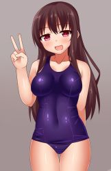 Rule 34 | 1girl, bad id, bad pixiv id, black hair, long hair, neri sachiko, one-piece swimsuit, original, red eyes, school swimsuit, simple background, solo, standing, swimsuit, v