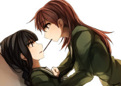 Rule 34 | 10s, 2girls, black hair, braid, brown eyes, brown hair, food, genyaky, highres, kantai collection, kitakami (kancolle), long hair, mouth hold, multiple girls, ooi (kancolle), open mouth, personification, pocky, yuri