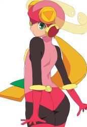 Rule 34 | 1girl, ass, blonde hair, bodysuit, closed mouth, gloves, green eyes, helmet, highres, leotard, long hair, looking at viewer, mega man (series), mega man battle network, mega man battle network (series), netnavi, oimanji, pink bodysuit, pink gloves, pink leotard, roll.exe (mega man), simple background, solo, thighhighs, white background