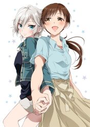 Rule 34 | 2girls, anastasia (idolmaster), blue eyes, blue shirt, blush, breasts, brown eyes, brown hair, brown skirt, closed mouth, collarbone, earrings, gen (enji), green jacket, grey hair, hair between eyes, holding hands, idolmaster, idolmaster cinderella girls, idolmaster cinderella girls starlight stage, jacket, jewelry, large breasts, long hair, long sleeves, looking at another, looking at viewer, love laika (idolmaster), medium breasts, multiple girls, nitta minami, open clothes, open jacket, open mouth, ponytail, shirt, short hair, short sleeves, shorts, skirt, smile, star (symbol), starry background, white background, white shorts