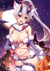 Rule 34 | &gt;:o, +++, 1girl, :o, animal ears, bad id, bad pixiv id, bare shoulders, blurry, blush, breasts, building, cat ears, commentary request, cosplay, cowboy shot, depth of field, elbow gloves, fangs, fate/grand order, fate (series), fingernails, fur-trimmed gloves, fur-trimmed legwear, fur trim, gloves, gradient sky, hair between eyes, hair ribbon, halloween, head tilt, headband, high ponytail, highres, horns, jack-o&#039;-lantern, lace, large breasts, long hair, looking at viewer, mash kyrielight, mash kyrielight (dangerous beast), mash kyrielight (dangerous beast) (cosplay), meion, moon, nail polish, navel, night, night sky, o-ring, official alternate costume, oni horns, open mouth, panties, pink ribbon, ponytail, purple gloves, purple nails, purple thighhighs, red eyes, revealing clothes, ribbon, sharp fingernails, shiny skin, silver hair, sky, slit pupils, solo, sparkle, standing, star (sky), starry sky, stomach, thighhighs, tomoe gozen (fate), tree, underwear, v-shaped eyebrows, white headband, white panties, white thighhighs