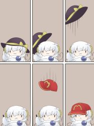 :&lt; :3 alternate_headwear animalization capitalism hat horns jagabutter komeiji_koishi mcdonald&#039;s no_headwear parody sheep sheep_horns touhou unworn_hat unworn_headwear