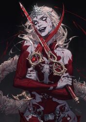 Rule 34 | 1girl, absurdres, baldur&#039;s gate, baldur&#039;s gate 3, bare shoulders, black background, black lips, bleeding, blonde hair, blood, blood on clothes, blood on face, blood on hands, bloody weapon, braid, circlet, collarbone, constricted pupils, cowboy shot, crazy eyes, crazy smile, crossed arms, cuts, detached sleeves, dual wielding, dungeons and dragons, exclusiverobert, highres, holding, holding sword, holding weapon, injury, jewelry, leotard, long hair, looking at viewer, open mouth, orin the red, pale skin, red leotard, simple background, single braid, smile, solo, standing, sword, very long hair, weapon, white eyes