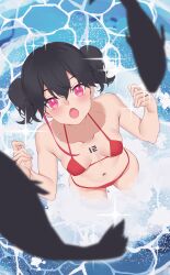 Rule 34 | 1girl, :o, absurdres, animal, bare arms, bare shoulders, bikini, black hair, breasts, collarbone, commentary request, fish, from above, hair between eyes, hands up, highres, jilu, looking at viewer, looking up, medium breasts, navel, open mouth, original, pink eyes, red bikini, solo, standing, swimsuit, twintails, water