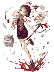 Rule 34 | 1girl, blonde hair, blood, blood on clothes, blood on face, blood on hands, blood splatter, bloody weapon, cake, crowbar, food, fruit, full body, holding, holding crowbar, hood, hoodie, ji no, long hair, looking at viewer, official art, orange eyes, pocket watch, reality arc (sinoalice), red riding hood (sinoalice), shoes, sinoalice, sleeveless, sneakers, solo, strawberry, tongue, tongue out, watch, weapon, white background