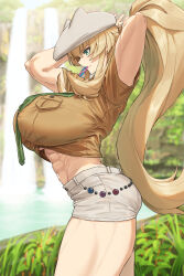 Rule 34 | 1girl, abs, arms up, barghest (fate), barghest (swimsuit archer) (fate), blonde hair, blurry, blurry background, breasts, closed mouth, day, fate/grand order, fate (series), from side, green eyes, grey shorts, hair tie in mouth, hat, highres, kamo ashi, large breasts, long hair, mouth hold, muscular, muscular female, outdoors, short shorts, shorts, solo, thighs, tying hair