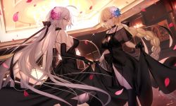 Rule 34 | 2girls, ahoge, black bow, black dress, black gloves, black ribbon, black socks, blonde hair, blush, bow, braid, breasts, chandelier, choker, cleavage, clothes lift, commentary request, dress, dress lift, dutch angle, elbow gloves, fate/grand order, fate (series), floating hair, flower, gloves, hair bow, hair flower, hair ornament, hair ribbon, heroic spirit formal dress, highres, indoors, jeanne d&#039;arc (fate), jeanne d&#039;arc (formal dress) (fate), jeanne d&#039;arc (ruler) (fate), jeanne d&#039;arc alter (avenger) (fate), jeanne d&#039;arc alter (fate), jewelry, kneehighs, large breasts, lifted by self, long hair, looking at viewer, mashima saki (mashimasa), multiple girls, necklace, open mouth, parted lips, petals, revision, ribbon, see-through, silver hair, single braid, smile, socks, sparkle, very long hair, yellow eyes