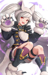 Rule 34 | 1girl, absurdres, animal feet, animal hands, belt, belt collar, black hoodie, black pants, claw pose, claws, collar, fire emblem, gonzarez, grima (fire emblem), highres, hood, hoodie, looking at viewer, nintendo, open mouth, pants, red eyes, robin (fire emblem), shorts, smile, socks, solo, twintails, white background, white hair