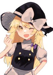 Rule 34 | 07 nagii, 1girl, ;d, apron, black hat, blonde hair, blush, bow, braid, finger heart, hand on own hip, hat, hat bow, highres, kirisame marisa, long hair, one eye closed, open mouth, puffy sleeves, short sleeves, smile, solo, touhou, witch hat, yellow eyes