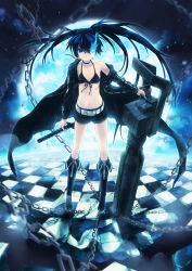 Rule 34 | 10s, 1girl, 6u (eternal land), absurdres, arm cannon, bad id, bad pixiv id, belt, bikini, bikini top only, black hair, black rock shooter, black rock shooter (character), blue eyes, blue theme, boots, chain, checkered floor, coat, collarbone, fisheye, floor, full moon, glowing, glowing eyes, gun, highres, jacket, kiyu, knee boots, long hair, md5 mismatch, midriff, moon, navel, perspective, resolution mismatch, scar, short shorts, shorts, solo, star (symbol), stitches, swimsuit, sword, sword chain, twintails, very long hair, weapon