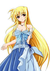 Rule 34 | 00s, 1girl, bare shoulders, blonde hair, blush, breasts, choker, cleavage, dress, fate testarossa, highres, long hair, lyrical nanoha, mahou shoujo lyrical nanoha, mahou shoujo lyrical nanoha strikers, medium breasts, red eyes, solo, strapless, strapless dress, third-party edit, very long hair