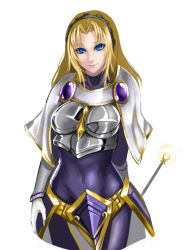 Rule 34 | 1girl, armor, arms behind back, blonde hair, blue eyes, bodysuit, breastplate, capelet, covered navel, faulds, hairband, highres, knight, kumiko shiba, league of legends, long hair, lux (league of legends), purple bodysuit, solo