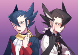Rule 34 | 2boys, aqua eyes, black choker, black scarf, blue hair, blue jacket, brown hair, choker, clothes tug, commentary request, creatures (company), dual persona, game freak, grey eyes, grimsley (pokemon), hair between eyes, heart, heart-shaped pupils, jacket, long sleeves, looking at viewer, male focus, momoji (lobolobo2010), multiple boys, nintendo, open mouth, pokemon, pokemon bw, pokemon sm, scarf, sweat, symbol-shaped pupils, teeth, tongue, tongue out, yellow scarf