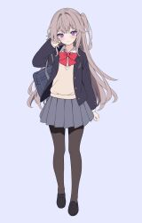 Rule 34 | 1girl, bag, black footwear, black jacket, blazer, blue background, blush, bow, brown hair, brown pantyhose, closed mouth, collared shirt, commentary, dress shirt, english commentary, grey skirt, hair intakes, hand up, herta (honkai: star rail), highres, hitsukuya, honkai: star rail, honkai (series), jacket, long hair, looking at viewer, one side up, open clothes, open jacket, pantyhose, pleated skirt, purple eyes, red bow, school bag, school uniform, shirt, shoes, simple background, skirt, solo, sweater vest, very long hair, wavy mouth, white shirt