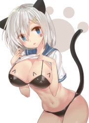 Rule 34 | 10s, 1girl, :3, animal ears, bad anatomy, bad id, bad pixiv id, bikini, black bikini, blue eyes, breasts, cat ears, cat tail, cleavage, clothes lift, cowboy shot, eyebrows, hair between eyes, hair ornament, hairclip, hamakaze (kancolle), hands up, head tilt, kantai collection, kemonomimi mode, large breasts, looking at viewer, melang b, navel, open mouth, protected link, school uniform, serafuku, shirt, shirt lift, short hair, short sleeves, silver hair, simple background, solo, stomach, swimsuit, tail, tearing up, white background, white shirt