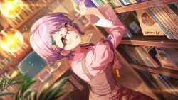 1girl book bookshelf chair clover_hair_ornament cup game_cg glasses hair_ornament heart holding idolmaster idolmaster_million_live! idolmaster_million_live!_theater_days makabe_mizuki official_art open_mouth plate purple_hair solo sparkle table teacup yellow_eyes