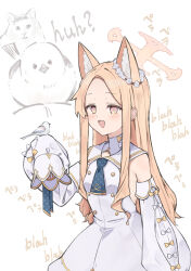 Rule 34 | 1girl, animal, animal ear fluff, animal ears, bird, blonde hair, blue archive, blush, detached sleeves, dress, extra ears, fox ears, hachita (odangoya), halo, highres, huh? cat (meme), long hair, meme, open mouth, seia (blue archive), simple background, sleeves past fingers, sleeves past wrists, smile, solo, white background, white dress, white sleeves, yellow eyes, yellow halo