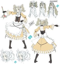 Rule 34 | 1girl, alternate hairstyle, apron, blonde hair, blue eyes, boots, character sheet, concept art, corset, dress, fingerless gloves, fire emblem, fire emblem awakening, frills, full body, gloves, hair ornament, hand on own hip, highres, lissa (fire emblem), long hair, multiple views, nintendo, outstretched arm, staff, standing, turnaround, twintails, underbust, white background