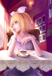 Rule 34 | 1girl, blonde hair, blue eyes, bow, bracelet, chair, cup, drink, hair bow, hairband, highres, jewelry, kagamine rin, looking away, short hair, sitting, solo, spoon, table, vocaloid, wei ji, window