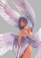 Rule 34 | 1girl, angel wings, breasts, collarbone, covering privates, covering breasts, covering crotch, cowboy shot, doushimasho, feathered wings, grey background, grey hair, looking at viewer, multiple wings, navel, nude, original, seraph, short hair, simple background, small breasts, solo, standing, stomach, wing censor, winged arms, wings