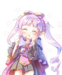 Rule 34 | 1girl, :t, blush, brooch, closed eyes, cowboy shot, eating, elf, fork, hair ribbon, hand on own cheek, hand on own face, holding, holding fork, japanese clothes, jewelry, kawaseki, kimono, kyoka (princess connect!), long hair, pointy ears, princess connect!, purple hair, purple kimono, ribbon, simple background, sketch, smile, solo, twintails, white background, wide sleeves