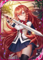 Rule 34 | 1girl, akkijin, braid, card (medium), door, hair ornament, holding, holding sword, holding weapon, indoors, official art, plant, red hair, red ribbon, ribbon, shinkai no valkyrie, shy, sword, thighhighs, uniform, weapon, yellow eyes