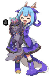 annoyed blue_hair boots closed_eyes creature dragon_girl dragon_horns dragon_tail duel_monster fangs full_body highres holding holding_creature horns kaichou_(homehome_h) laundry_dragonmaid maid purrelyly smile spoken_squiggle squiggle tail wa_maid white_background yu-gi-oh!