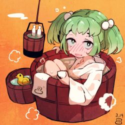 Rule 34 | 1girl, alcohol, blush, bucket, commentary, cup, dated, drunk, green eyes, green hair, hair bobbles, hair ornament, holding, holding cup, in bucket, in container, japanese clothes, kimono, kisume, legs folded, long sleeves, maaru (akira428), medium hair, one-hour drawing challenge, open mouth, rubber duck, sake, solo, squeans, sweat, touhou, white kimono, wide sleeves