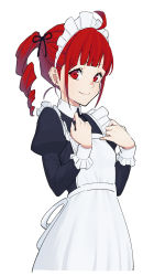 Rule 34 | 1girl, ahoge, apron, black dress, commentary, cowboy shot, dress, drill hair, frilled apron, frills, hair tie, hands on own chest, highres, kasane teto, looking at viewer, maid, maid apron, maid day, red eyes, red hair, short hair, sideways glance, smile, solo, utau, white apron, white background, yasutange